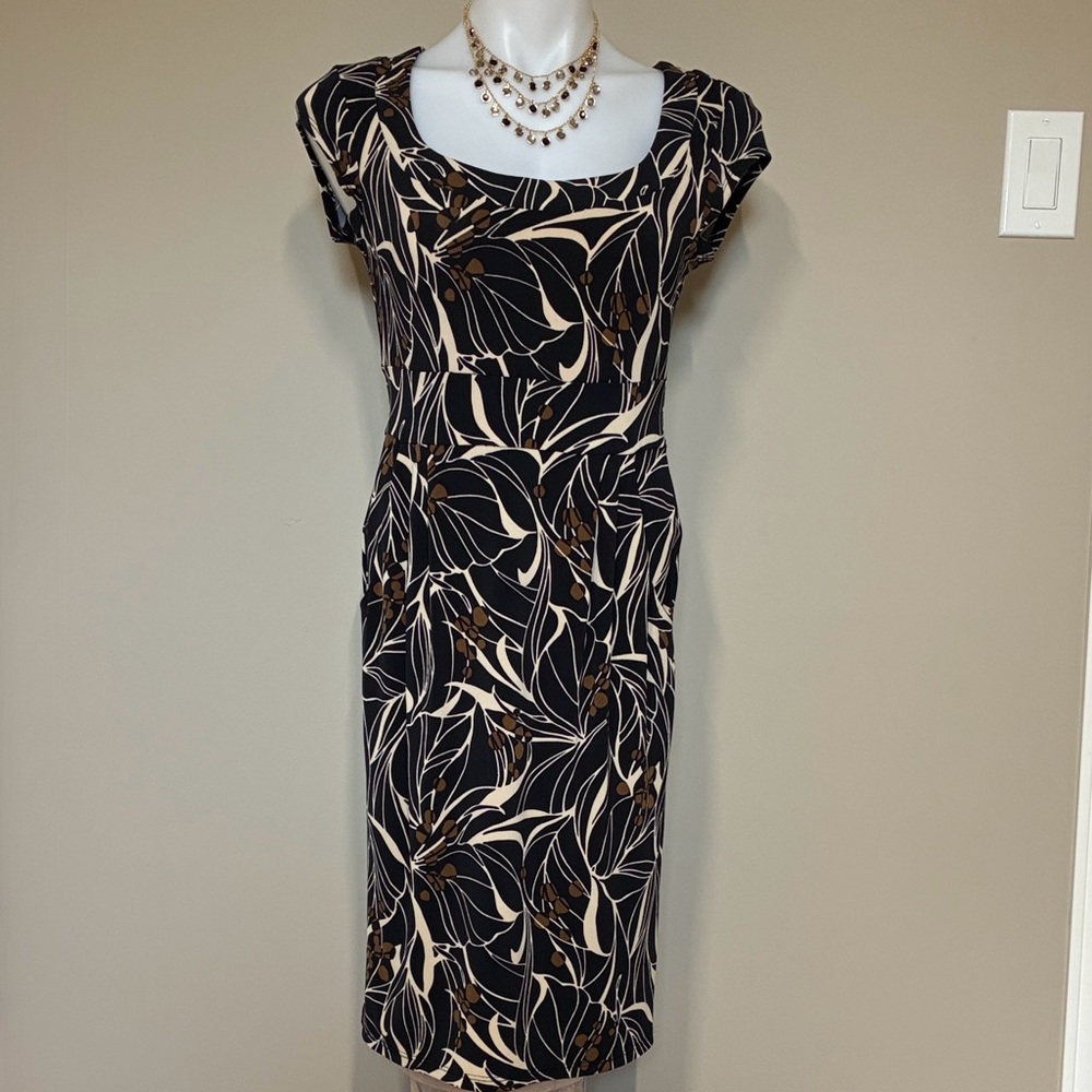 Cleo Mini Cocktail Dress; Pockets, Stretchy, Black, Brown & Tan Pattern, Size 2P